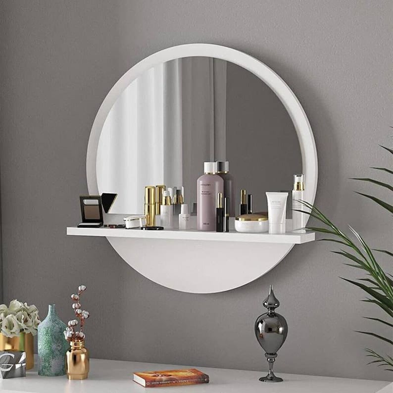 Decorative Wooden Round Mirror with Shelf
